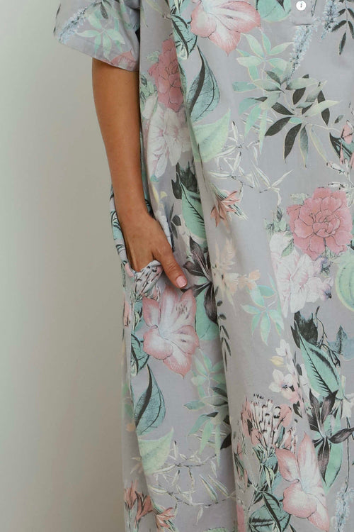 Mavis Floral Linen Dress Grey - Image 3