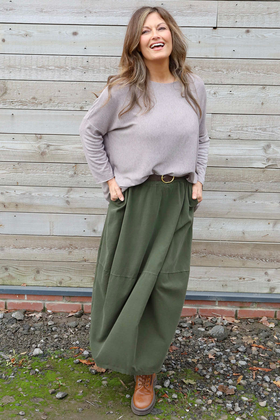 Branwen Belted Needlecord Skirt Khaki