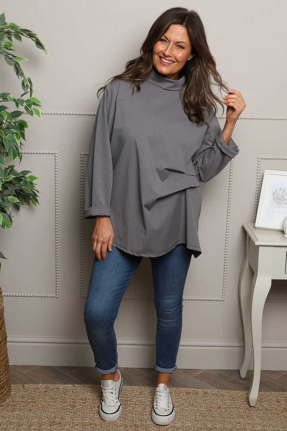 Celandine Cowl Neck Top Mid Grey