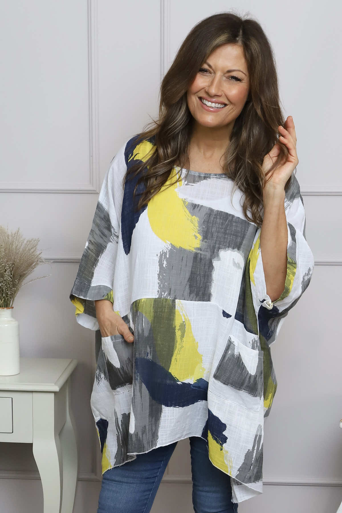 Angela Print Pocket Cotton Top White