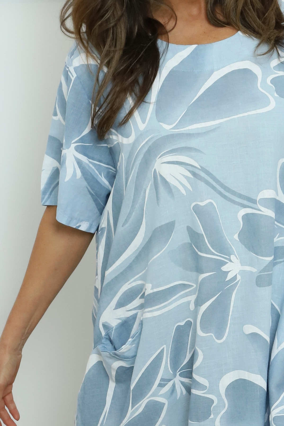 Milana Floral Print Linen Dress Light Blue