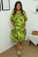 Milana Floral Print Linen Dress Olive Olive - Milana Floral Print Linen Dress Olive