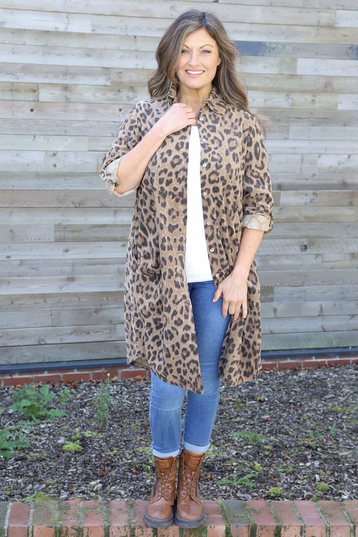 Shirley Leopard Print Needlecord Shirt Camel