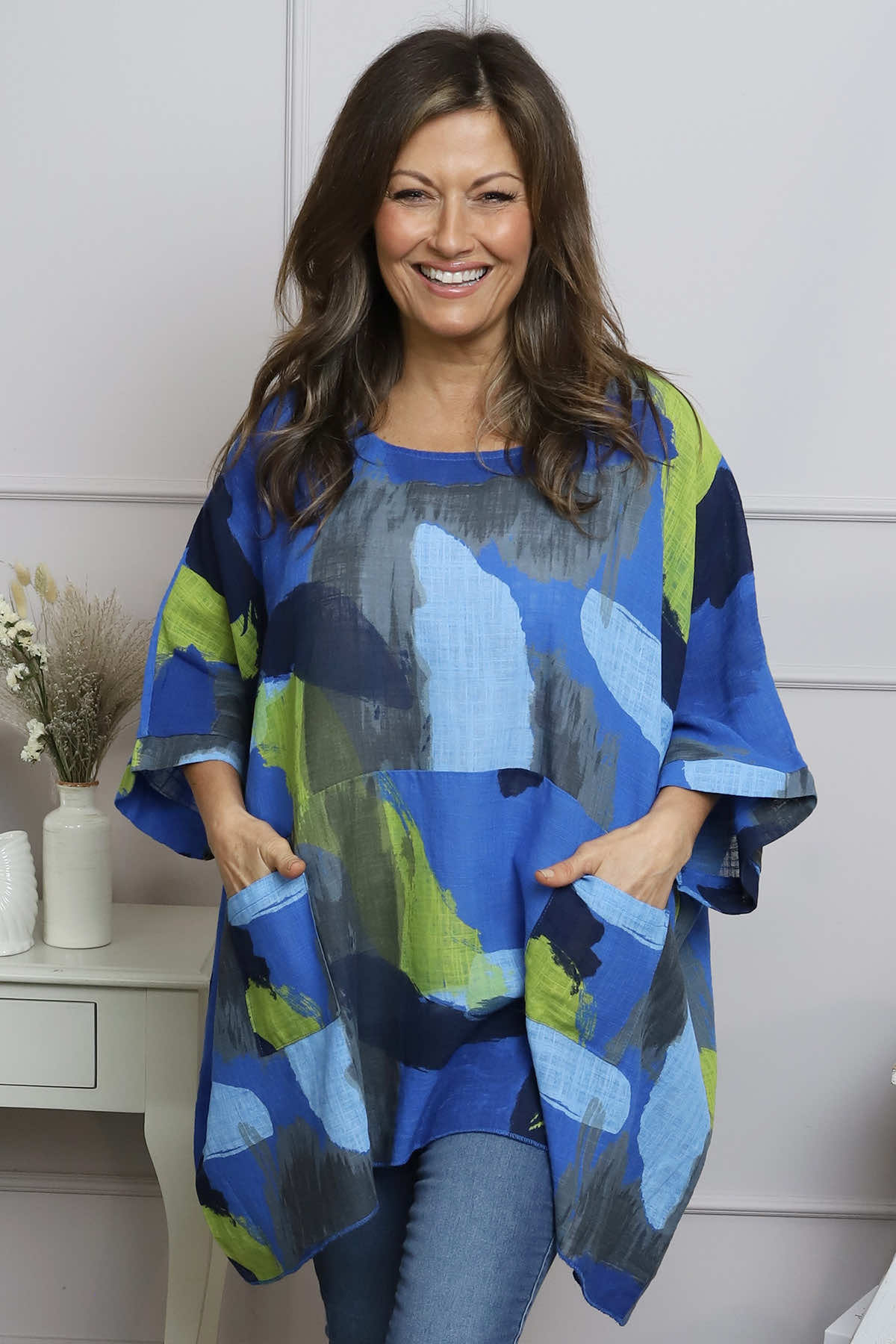 Angela Print Pocket Cotton Top Cobalt