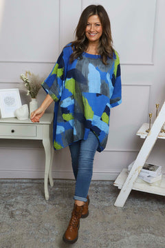 Angela Print Pocket Cotton Top Cobalt