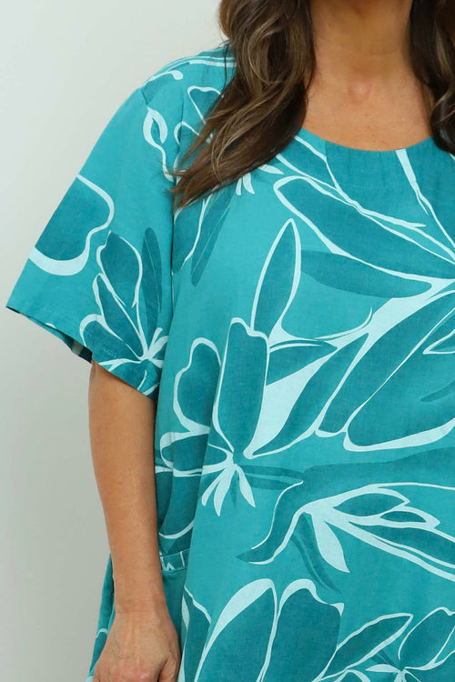 Milana Floral Print Linen Dress Aqua - Image 3