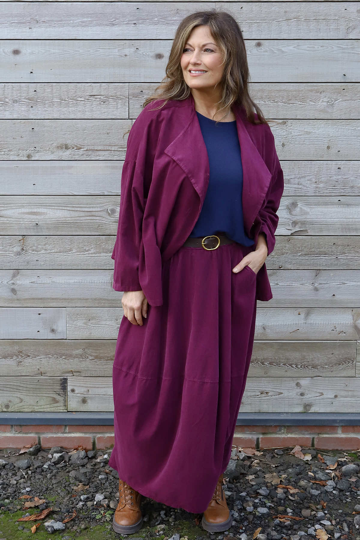 Branwen Belted Needlecord Skirt Burgundy