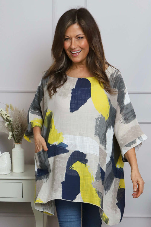 Angela Print Pocket Cotton Top Stone