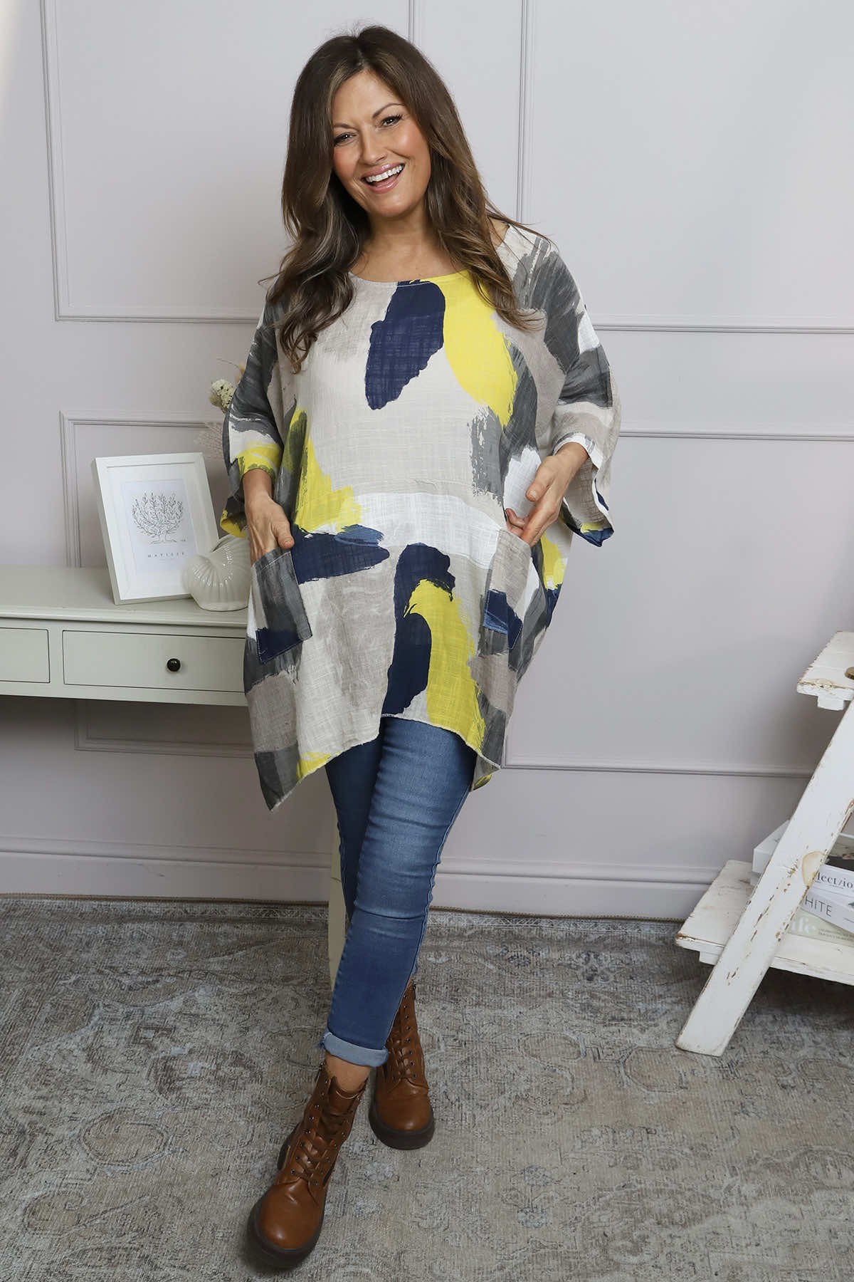 Angela Print Pocket Cotton Top Stone