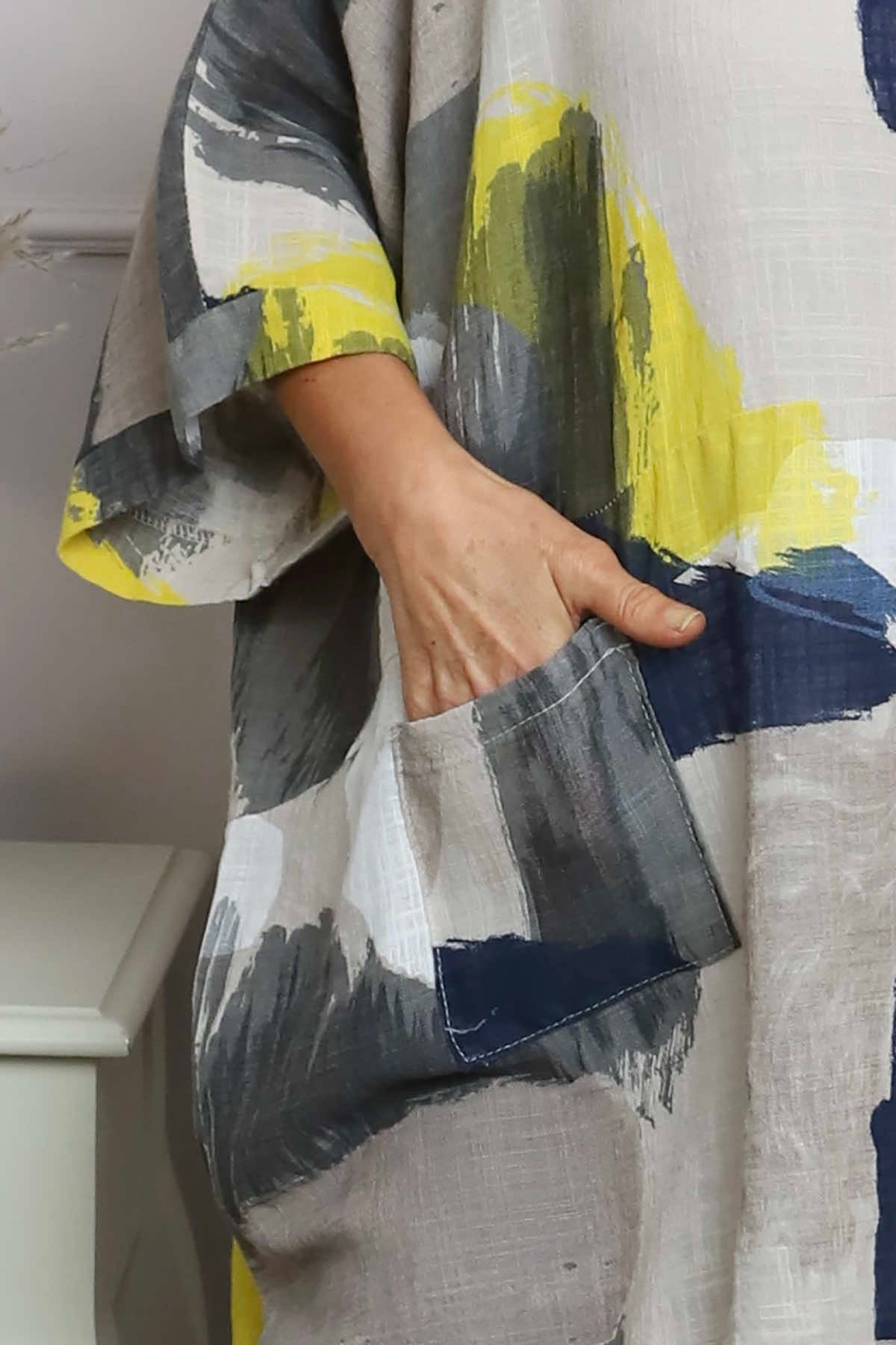 Angela Print Pocket Cotton Top Stone