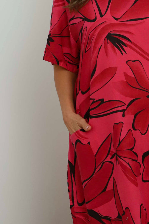 Milana Floral Print Linen Dress Hot Pink - Image 3