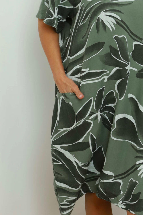 Milana Floral Print Linen Dress Khaki - Image 3