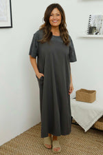 Raven Embroidered Shoulder Cotton Dress Charcoal Charcoal - Raven Embroidered Shoulder Cotton Dress Charcoal