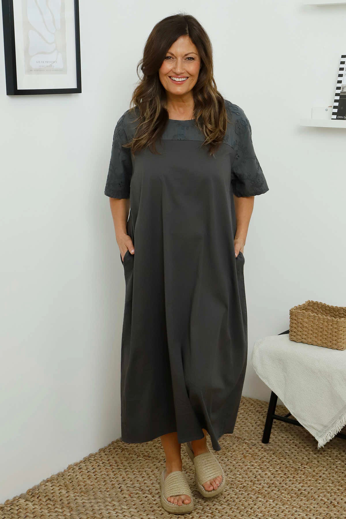 Raven Embroidered Shoulder Cotton Dress Charcoal