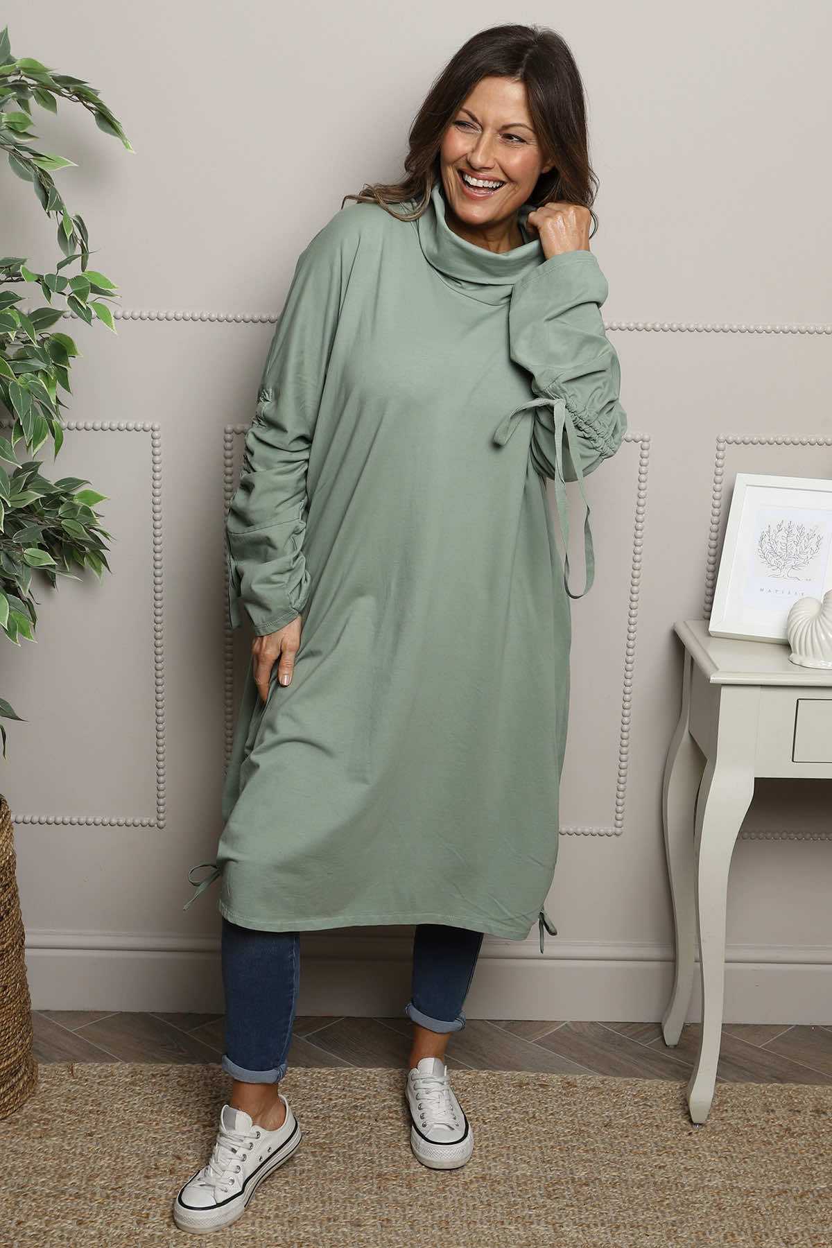 Dalary Cowl Neck Cotton Tunic Sage Green