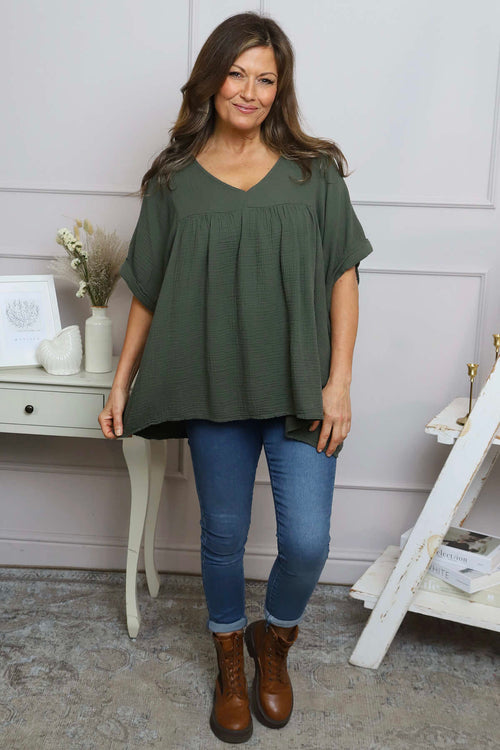 Ravello Crinkle Cotton Top Dark Khaki - Image 3
