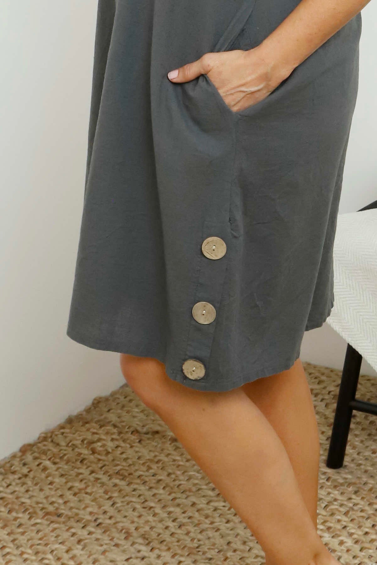 Joyce Button Linen Dress Mid Grey