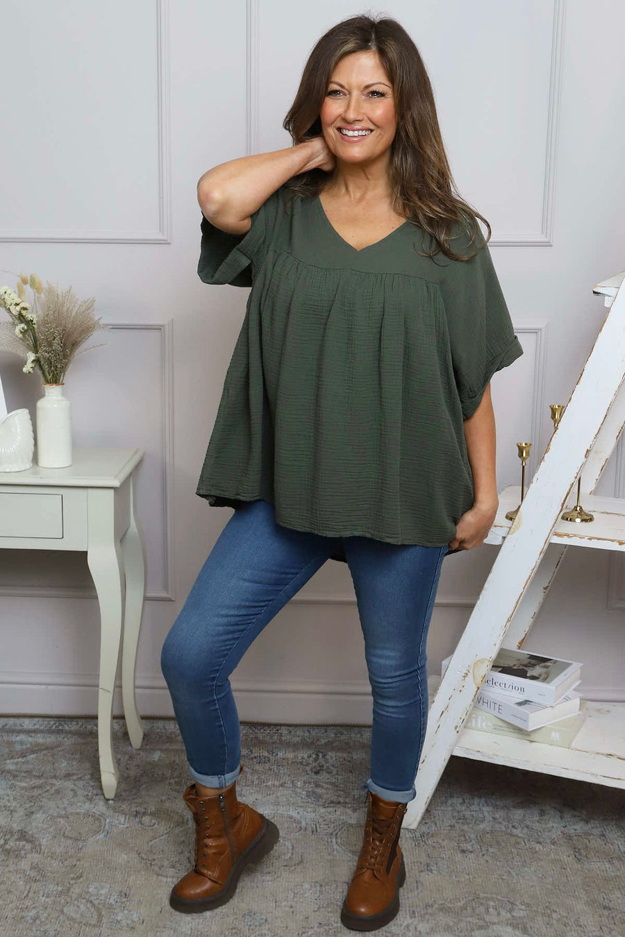 Ravello Crinkle Cotton Top Dark Khaki