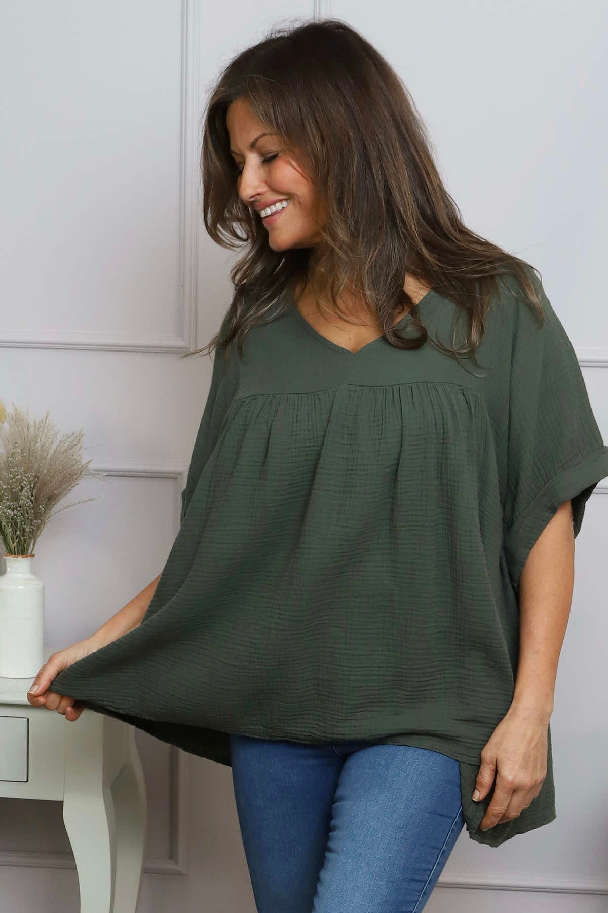 Ravello Crinkle Cotton Top Dark Khaki