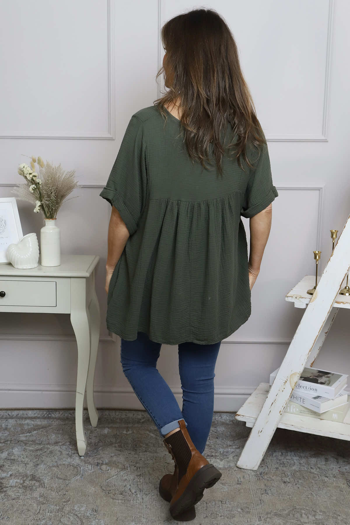 Ravello Crinkle Cotton Top Dark Khaki