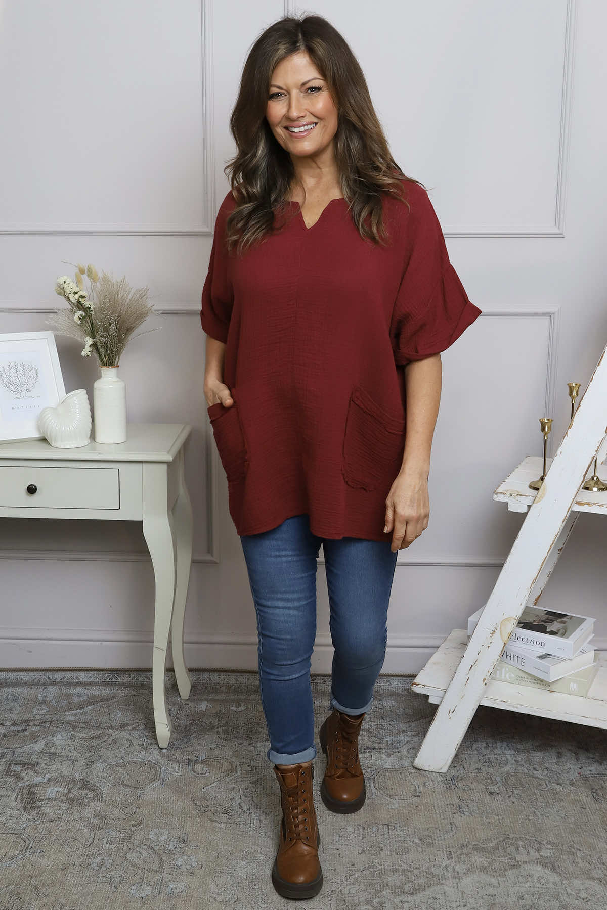 Leonie Crinkle Cotton Top Wine