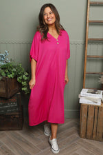 Frieda V-Neck Ribbed Dress Fuchsia Fuchsia - Frieda V-Neck Ribbed Dress Fuchsia