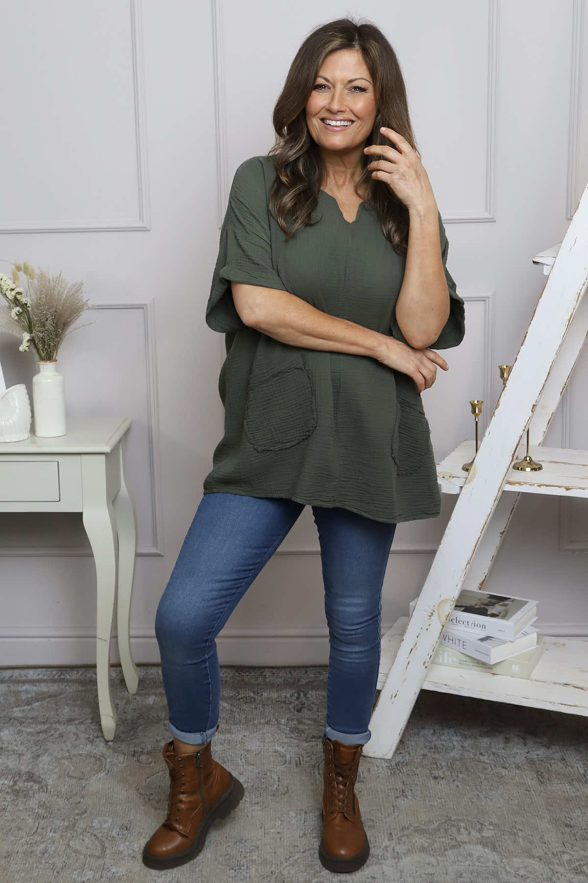 Leonie Crinkle Cotton Top Khaki