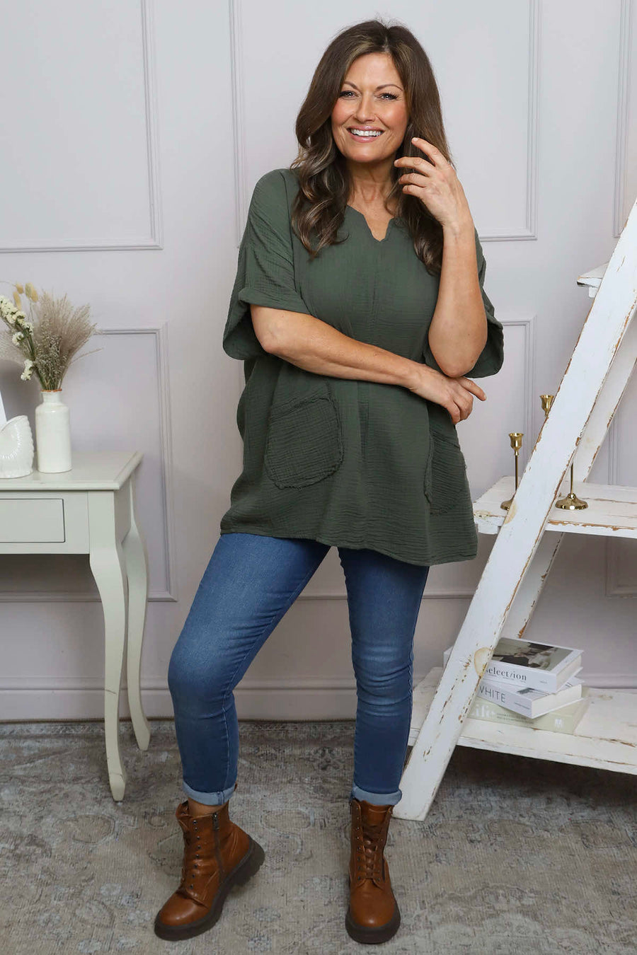 Leonie Crinkle Cotton Top Khaki