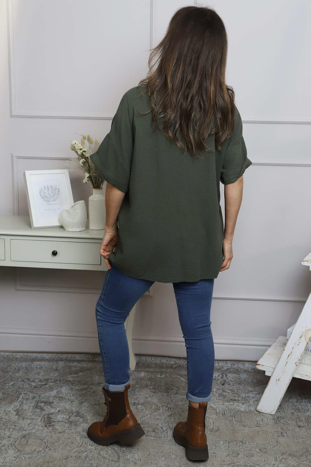 Leonie Crinkle Cotton Top Khaki
