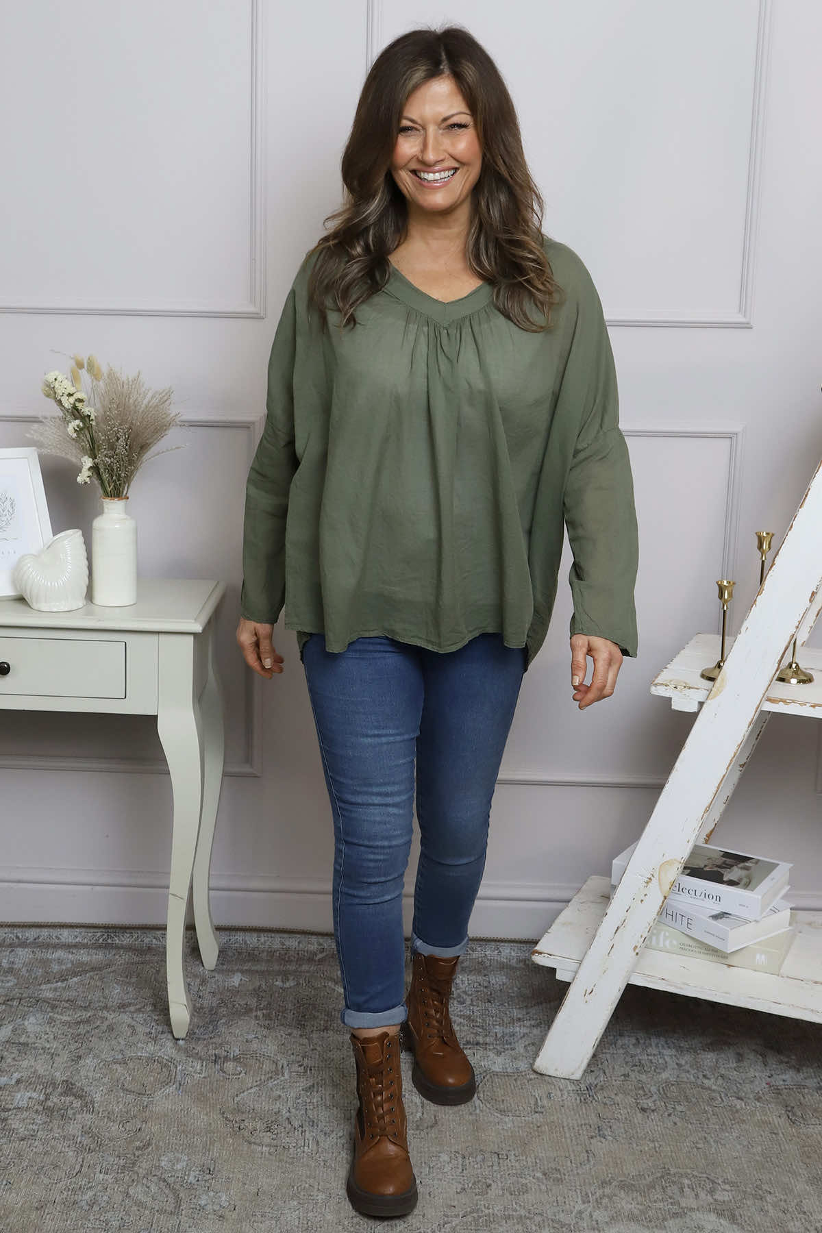 Kendra V-Neck Cotton Top Khaki