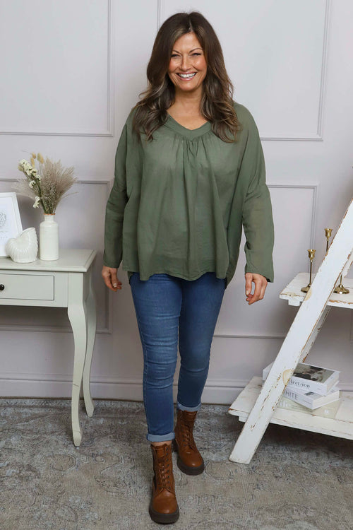 Kendra V-Neck Cotton Top Khaki - Image 3