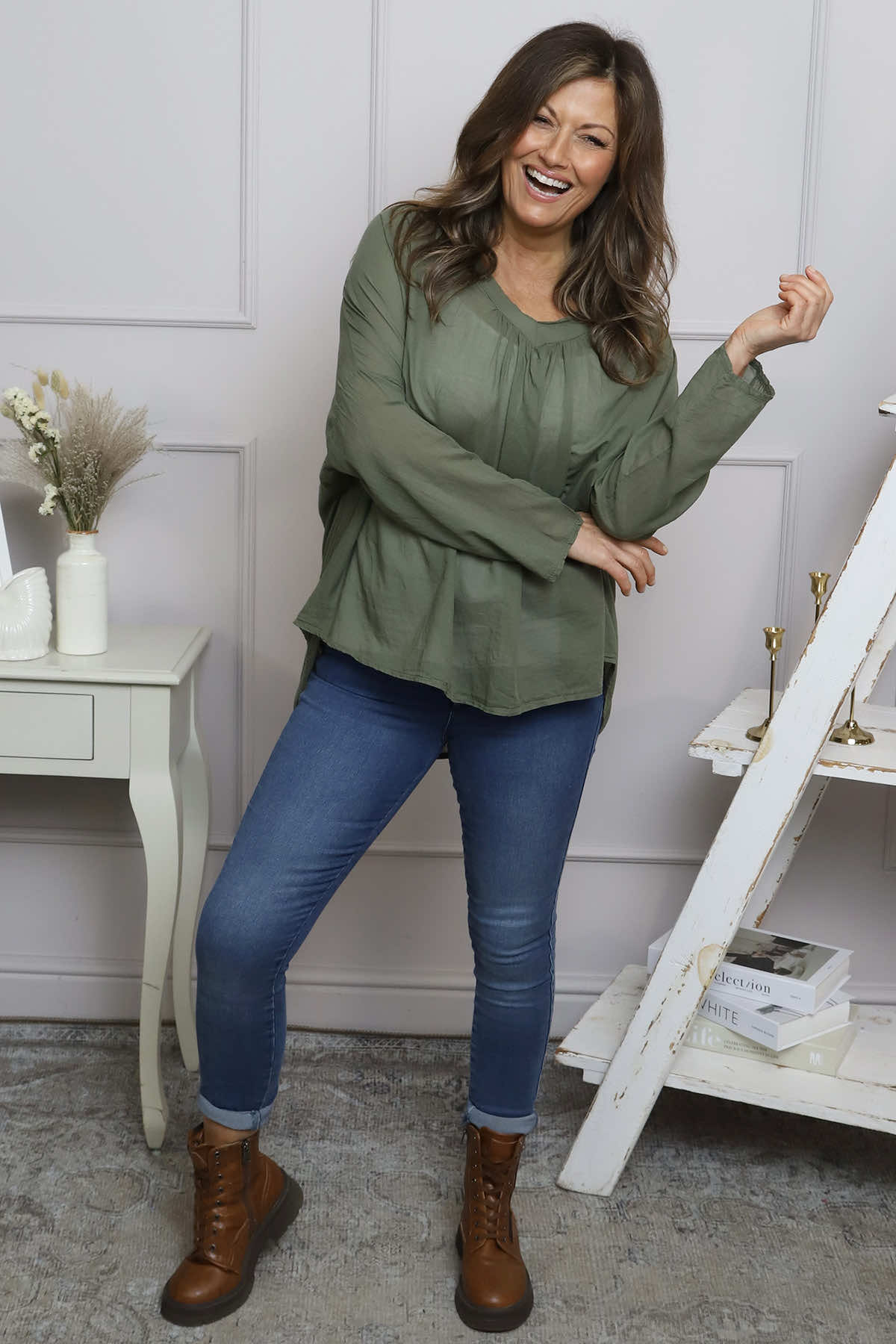 Kendra V-Neck Cotton Top Khaki