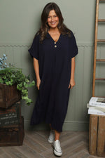 Frieda V-Neck Ribbed Dress Navy Navy - Frieda V-Neck Ribbed Dress Navy