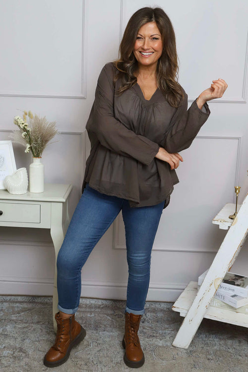 Kendra V-Neck Cotton Top Cocoa - Image 2