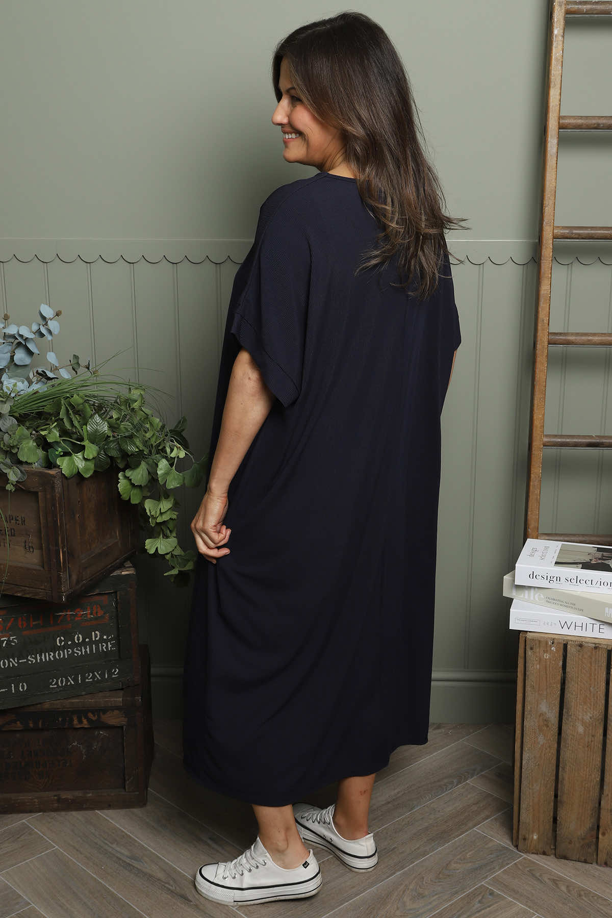 Frieda V-Neck Ribbed Dress Navy