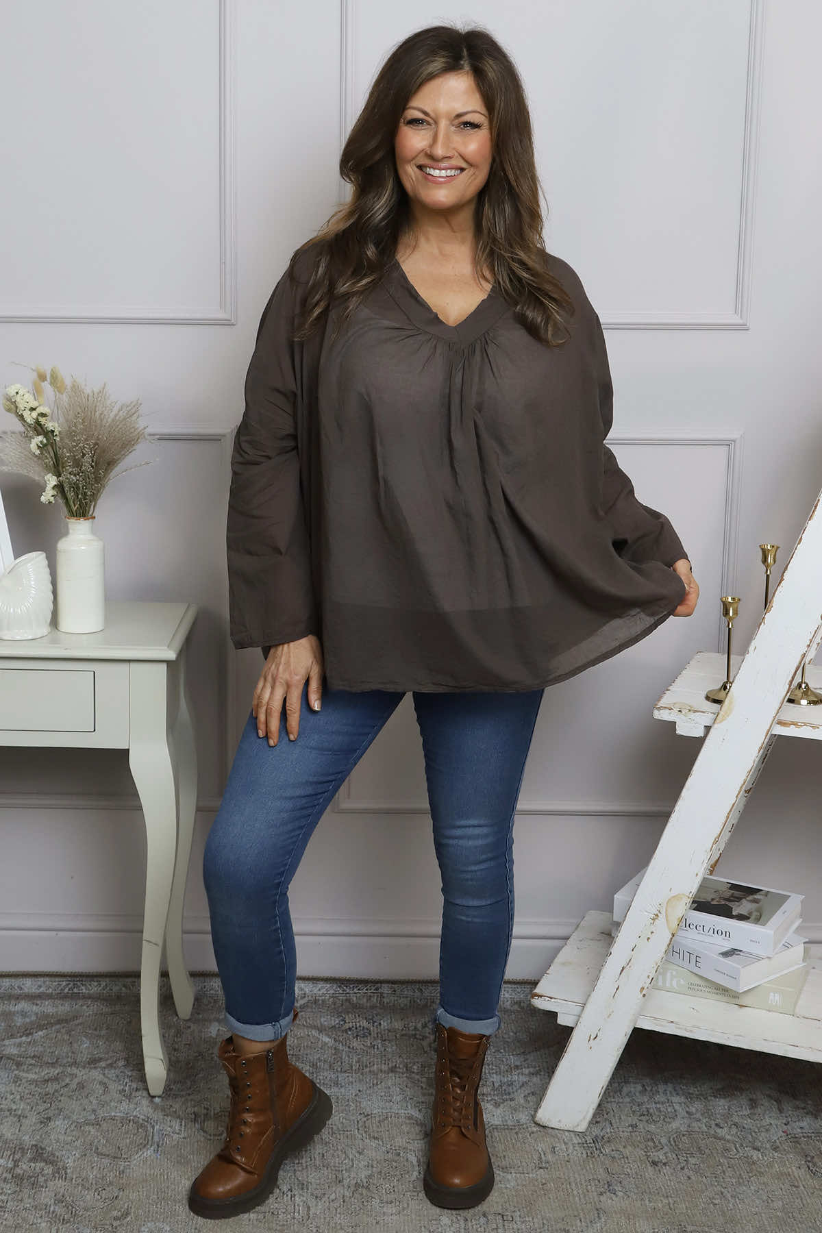 Kendra V-Neck Cotton Top Cocoa
