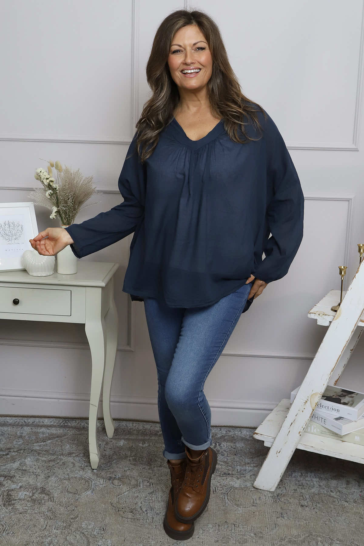 Kendra V-Neck Cotton Top Navy
