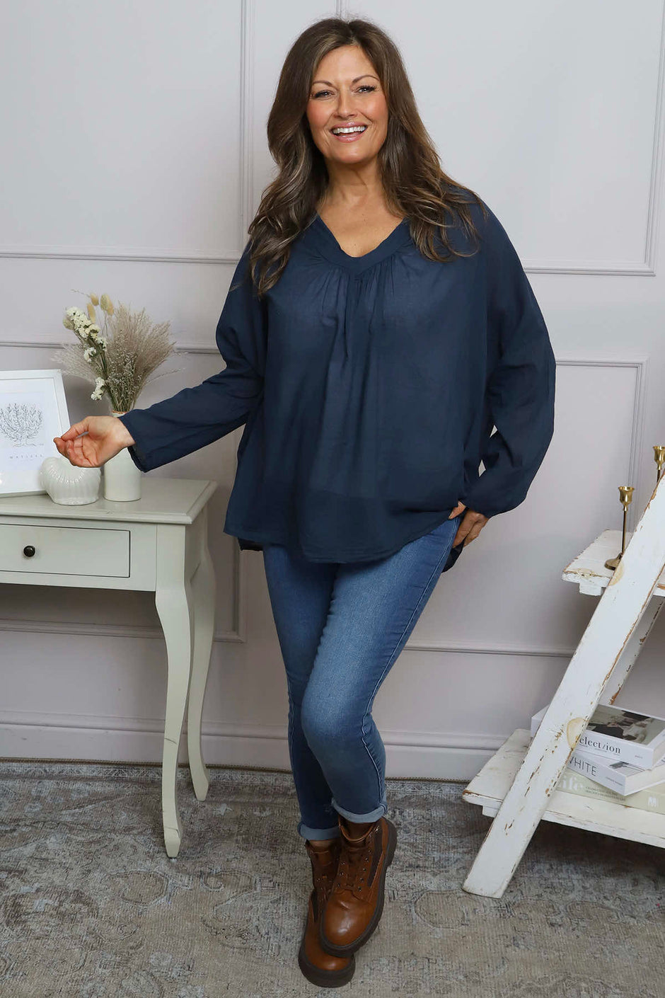 Kendra V-Neck Cotton Top Navy