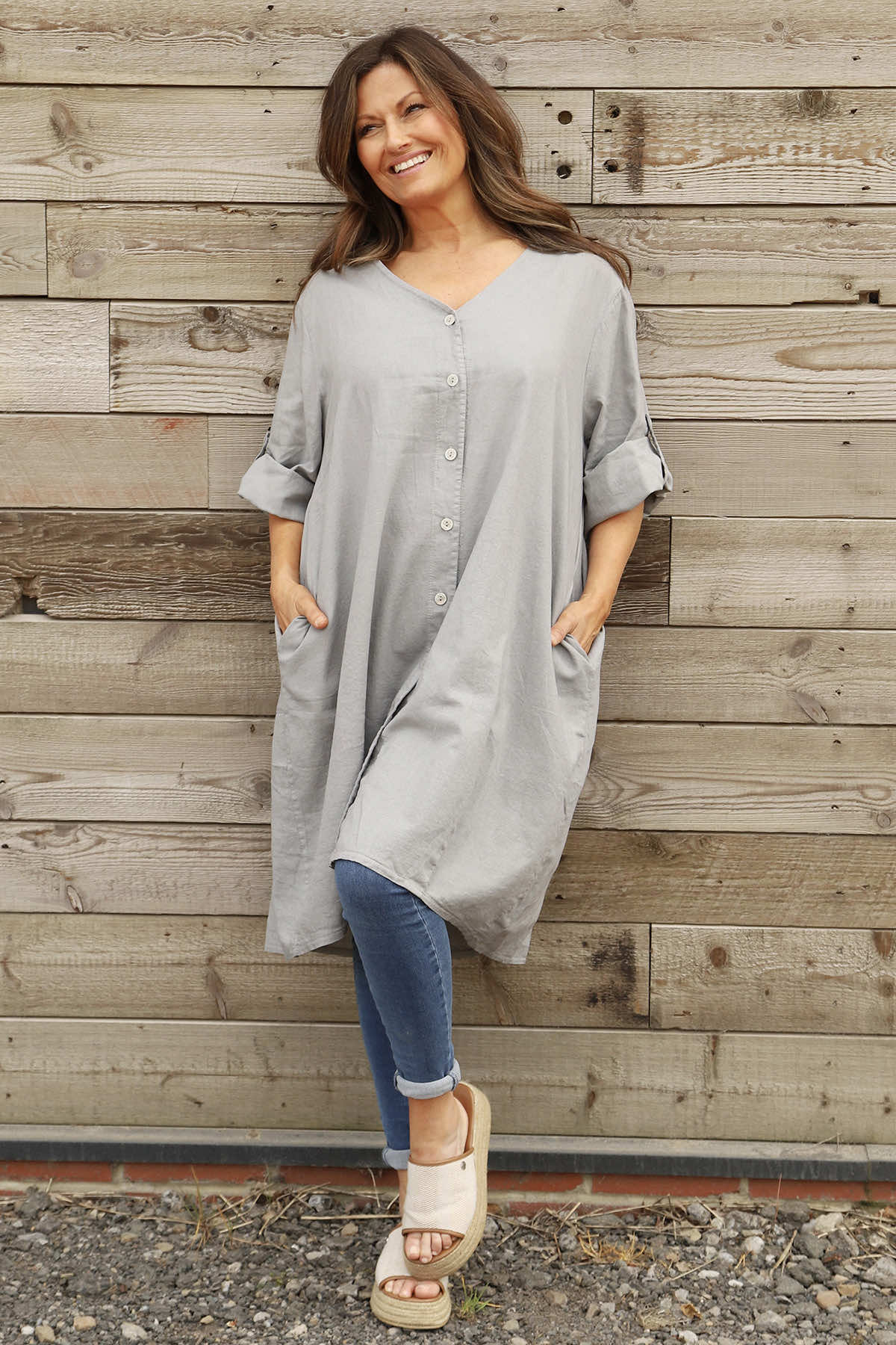 Alicia Button Linen Jacket Grey