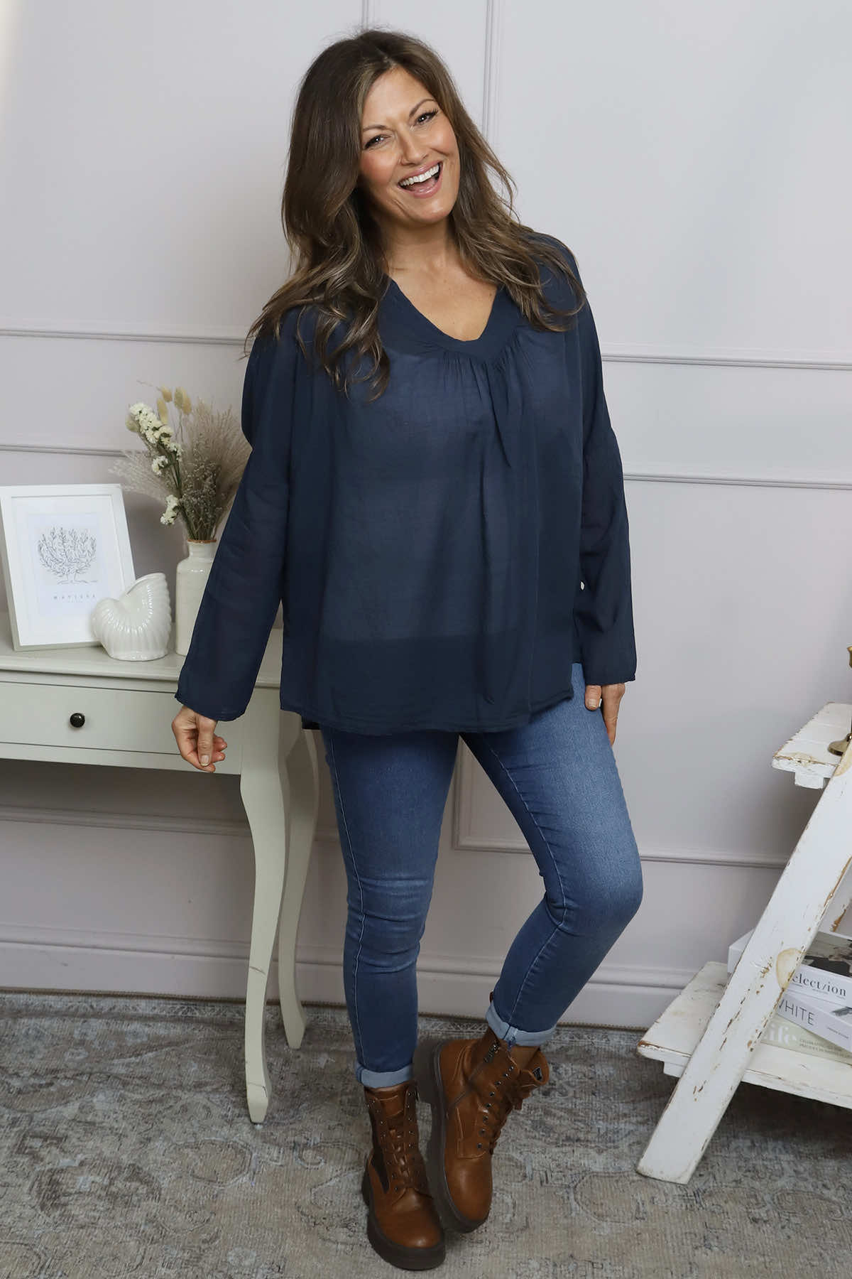 Kendra V-Neck Cotton Top Navy