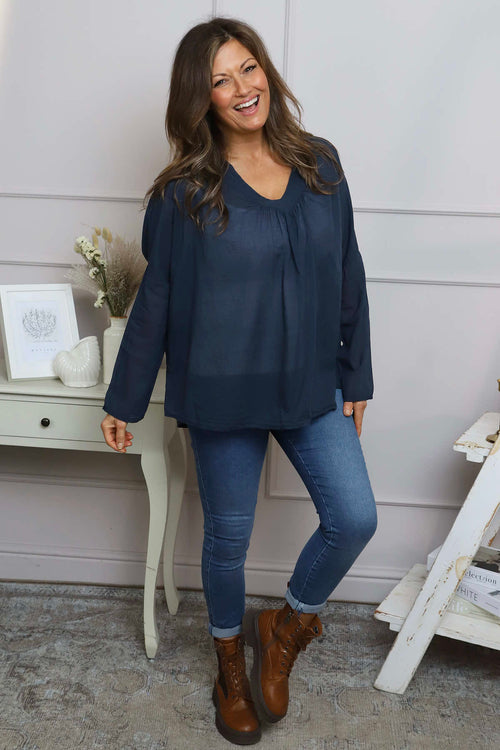 Kendra V-Neck Cotton Top Navy - Image 3