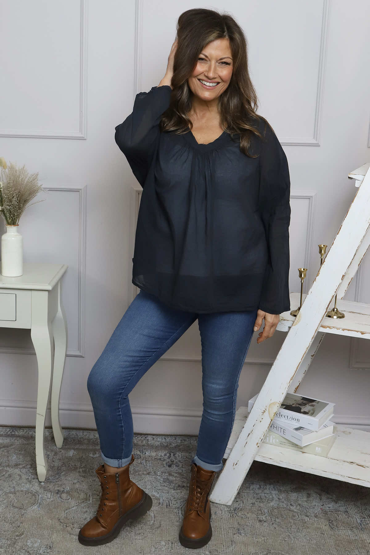 Kendra V-Neck Cotton Top Black