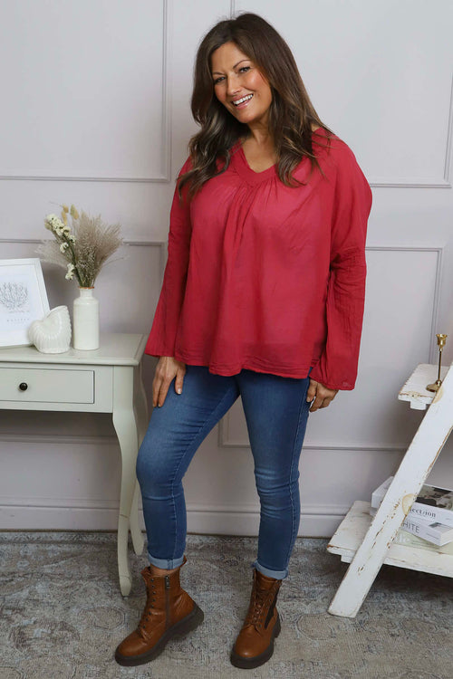 Kendra V-Neck Cotton Top Red - Image 1