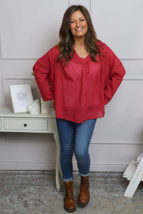 Kendra V-Neck Cotton Top Red - Image 3