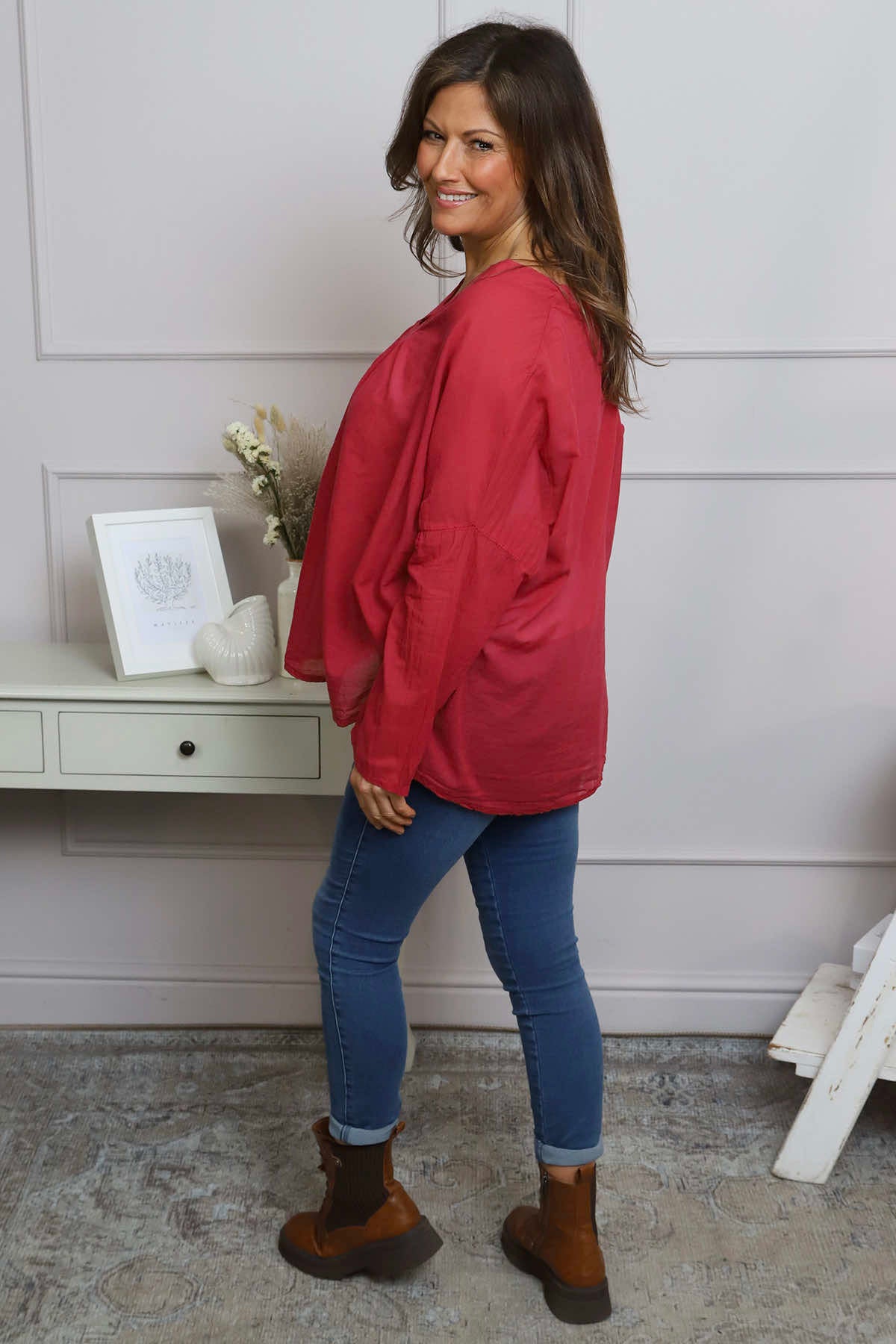 Kendra V-Neck Cotton Top Red