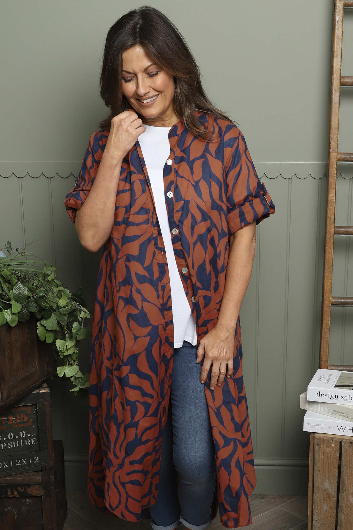 Carlyn Print Button Dress Burnt Orange