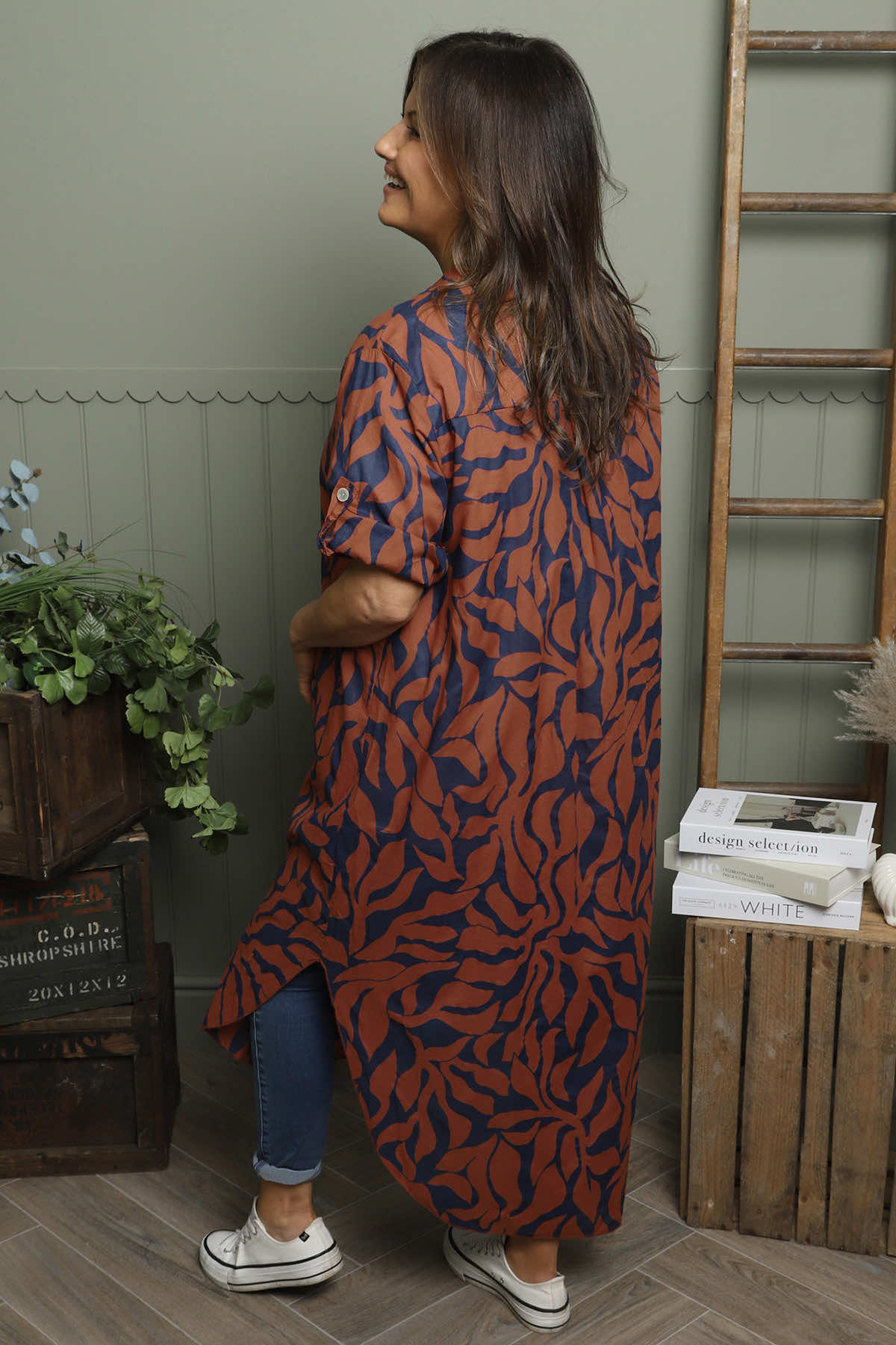 Carlyn Print Button Dress Burnt Orange