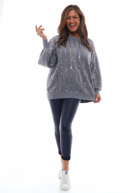 Jerry Sequin Stripe Knitted Jumper Mid Grey - Image 4