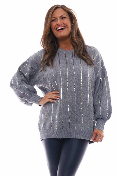 Jerry Sequin Stripe Knitted Jumper Mid Grey - Image 1