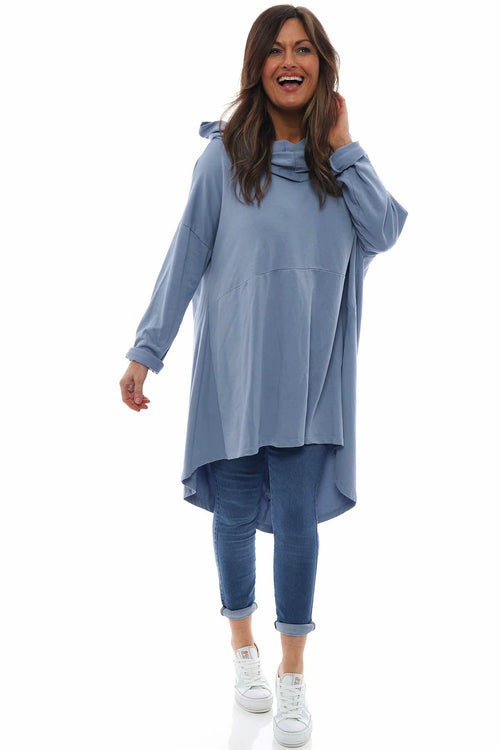 Lorena Cowl Hooded Cotton Top Blue